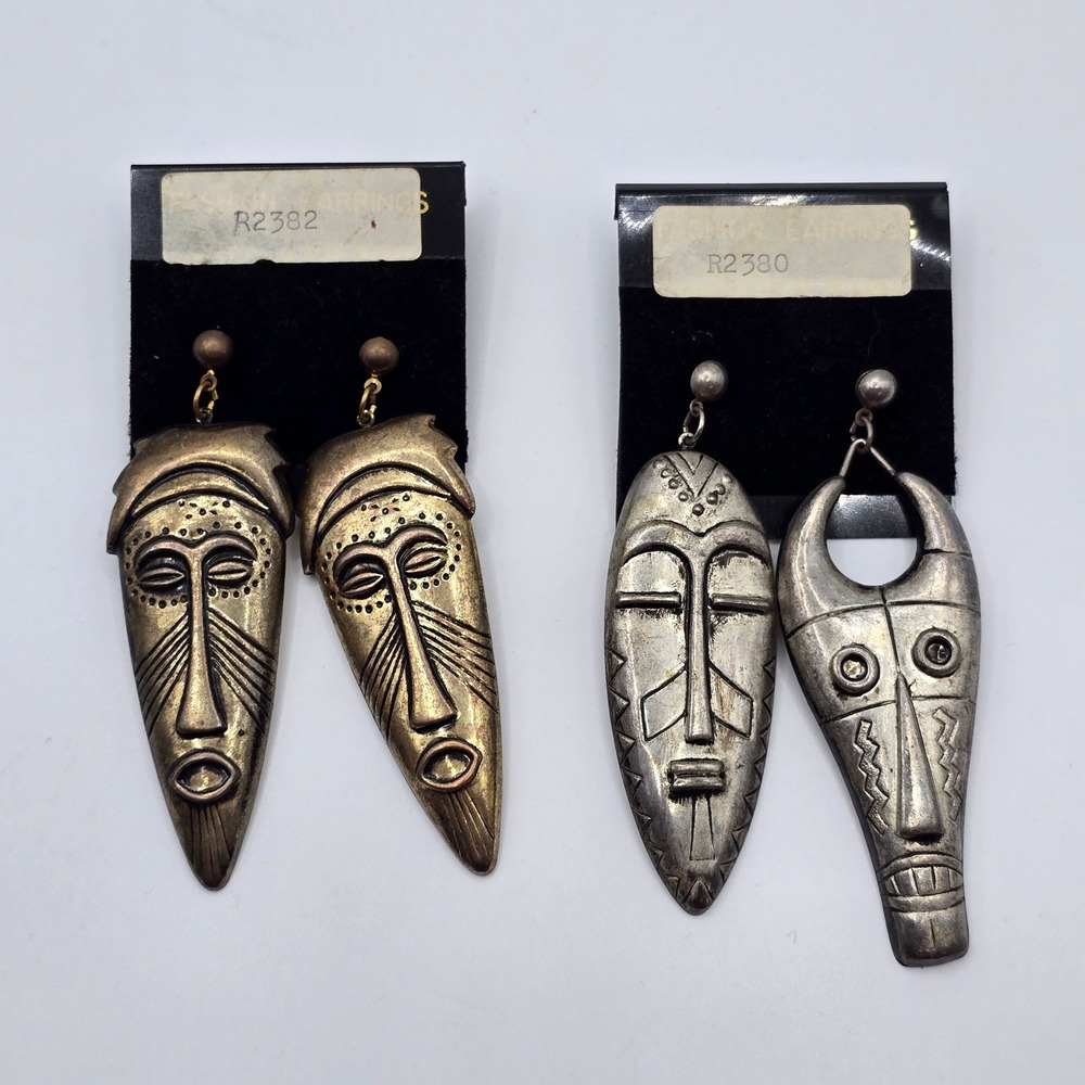 Vintage African‎ Mask Statement Earrings Bronze Silver Tribal Boho Drop